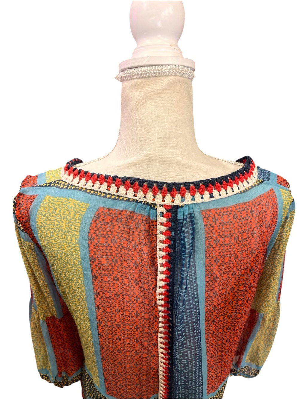 Gypsy 05 Global Village 100% Silk Patchwork Crochet Boho Blouse Top XS - Picture 6 of 14